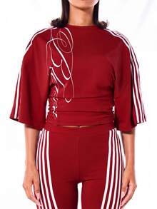 SUMWON WOMEN Oversized Crop Top With Batwing Sleeves Script Print Crew Neck Side Stripe Ruched Hem Casual Statement Style - Red - View 6