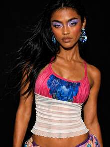 Zerodot Atasan Camisole Jala Berkerut Motif Bunga Pink & Biru untuk Wanita, Kasual Sehari-hari - MultiWarna - View 8