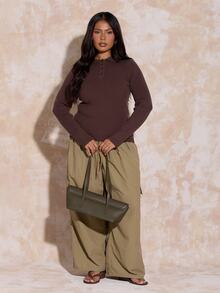 FASHION SZN Plus Size Striped Ribbed Knit Polo Sweater Curve Jumper Sporty Style Autumn Winter Fashion Rugby Top Fall Clothes For Women Everyday Casual Brown Jumper Sweater - Brown - View 8