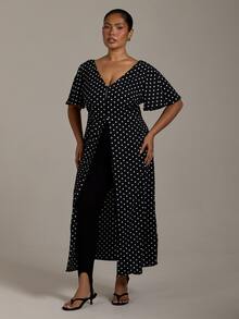 FASHION SZN Blus Maxi Polkadot Ukuran Besar Musim Gugur Tren Musim Dingin Baru Blus Panjang Monokrom Chic Klasik Elegan untuk Padu Padan Brunch - MultiWarna - View 7