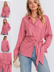 OverBlushhh Women's Solid Color Casual Versatile Everyday Travel Shirt - Dusty Pink - View 6