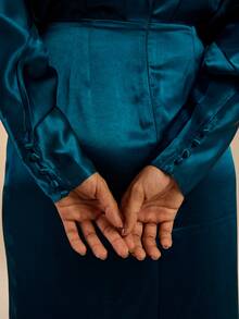Dancing Leopard Teal Blue Satin Long-Sleeve Wrap Maxi Dress, Wedding Guest Occasion Wear - Teal Blue - View 6