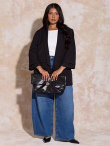 FASHION SZN Plus Size Casual Versatile Commuter Blazer Wardrobe Staple Ruched Sleeve Style Layering Piece Transitional Dressing Autumn Winter Fashion Curve Jacket Curve Blazer Wear To Work Chic Simple Elegant Fall Clothes For Women Evening Wear Smart Classy Black Blazer - Black - View 6