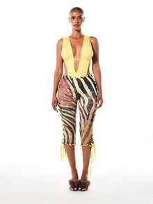 SUMWON WOMEN Tiger Print Capri Leggings With Neon Yellow Lace-Up Side Detail And Cropped Length Summer Festival Bottoms - Yellow - View 3