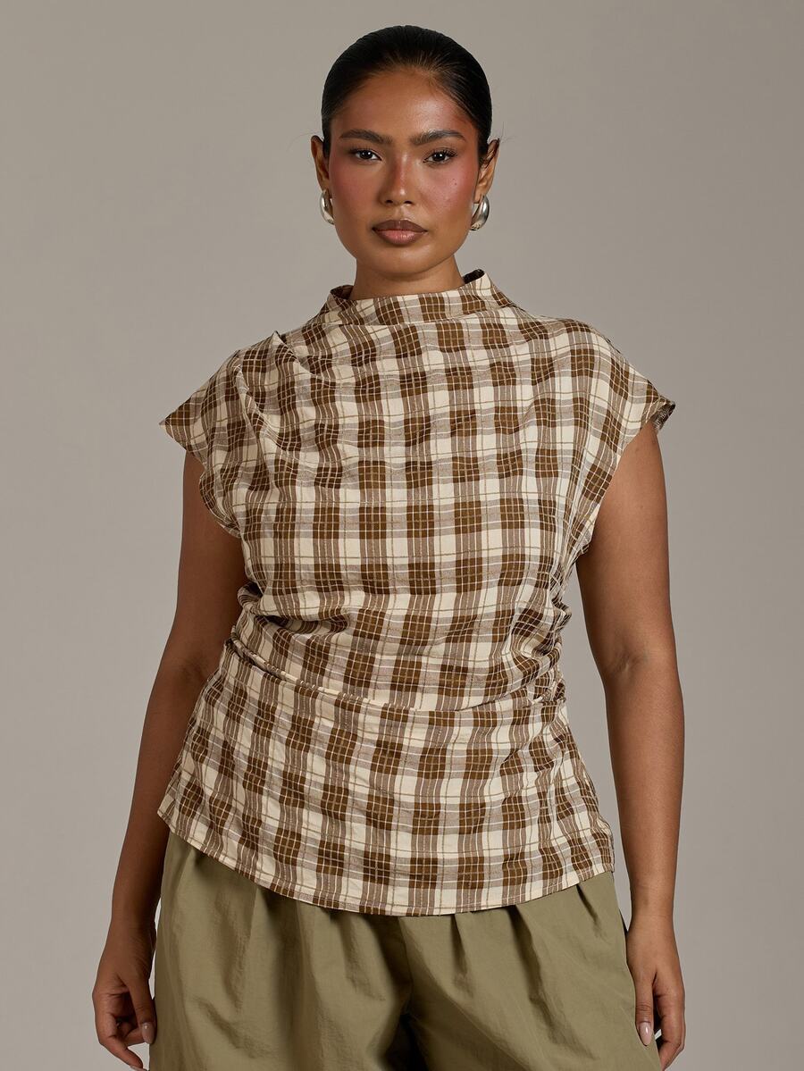 FASHION SZN Plus Size Checked Fall Top Autumn Winter Blouse Structured Short Sleeves Elegant Chic Classy New Season Trending Heritage Smart Casual Wear To Work Business - Multicolor - View 1