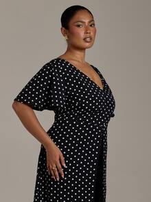 FASHION SZN Blus Maxi Polkadot Ukuran Besar Musim Gugur Tren Musim Dingin Baru Blus Panjang Monokrom Chic Klasik Elegan untuk Padu Padan Brunch - MultiWarna - View 3