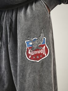 SUMWON Eagle Shield Graphic Wide Leg Sweatpants Acid Washed Drawstring Waist Streetwear Baggy Fleece Trousers Fall Winter - Black - View 2