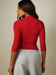 MISSGUIDED Ruched Wrap Front Crop Top With Three Quarter Sleeves Twisted Cowl Neckline Figure Hugging Stretch Jersey - Red - View 2