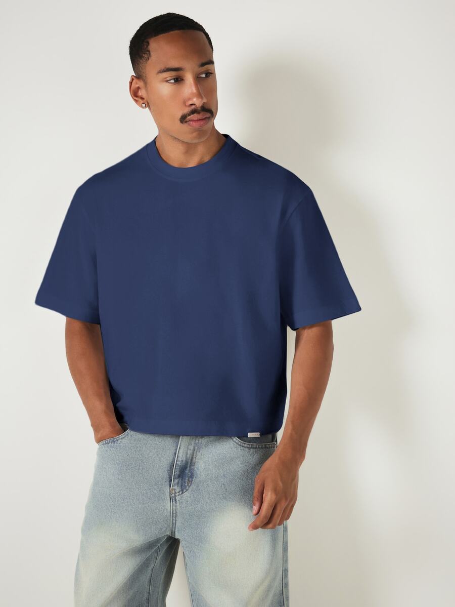 SUMWON Oversized Boxy Cropped T-Shirt With Drop Shoulder And Crew Neck Relaxed Casual Short Sleeve Top For Summer And Spring - Navy Blue - View 1