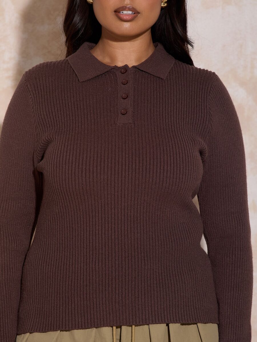 FASHION SZN Plus Size Striped Ribbed Knit Polo Sweater Curve Jumper Sporty Style Autumn Winter Fashion Rugby Top Fall Clothes For Women Everyday Casual Brown Jumper Sweater - Brown - View 1