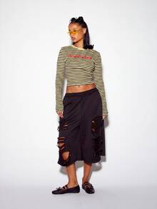 SUMWON WOMEN Striped Long Sleeve Crop Top With Graphic Logo Print Round Neck Fitted Cropped Tee Spring - Yellow - View 3