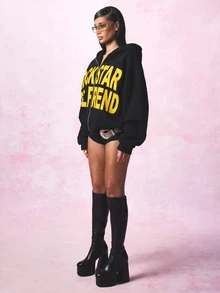 SUMWON WOMEN Rockstar Girlfriend Graphic Print Oversized Zip-Up Hoodie With Bold Slogan Front Print And Dropped Shoulders - Black - View 4
