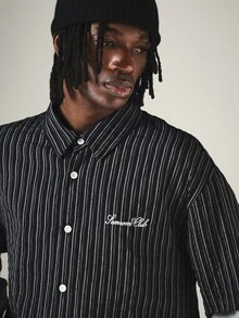 SUMWON Club Pinstripe Boxy Short Sleeve Button Down Shirt With Embroidered Script Logo Chest Detail Summer Casual Layering Top - Multicolor - View 4