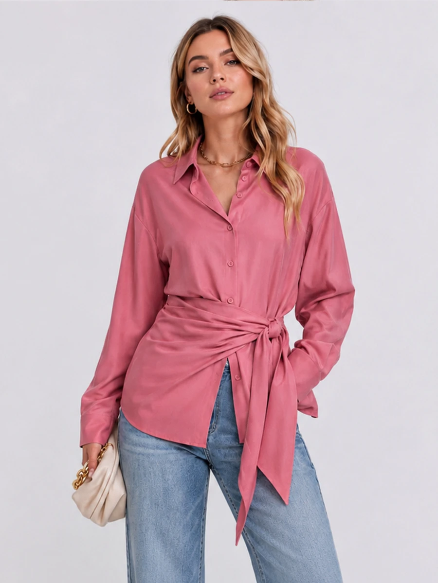 OverBlushhh Women's Solid Color Casual Versatile Everyday Travel Shirt - Dusty Pink - View 1