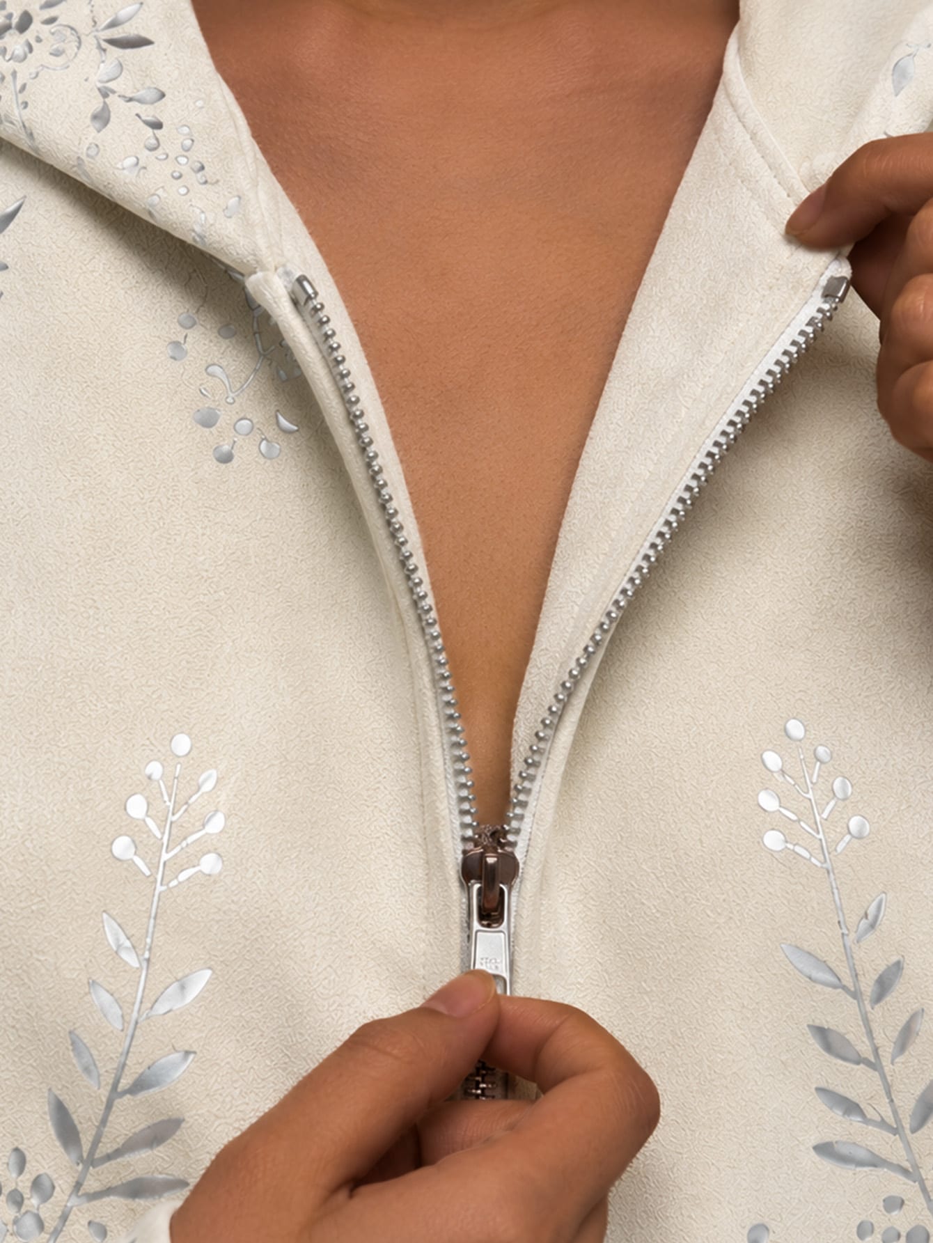 Cream Foil Floral-Print Hooded Zip Jacket, view 5