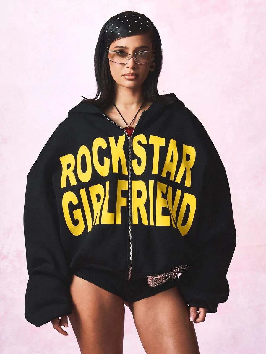 SUMWON WOMEN Rockstar Girlfriend Graphic Print Oversized Zip-Up Hoodie With Bold Slogan Front Print And Dropped Shoulders - Black - View 1