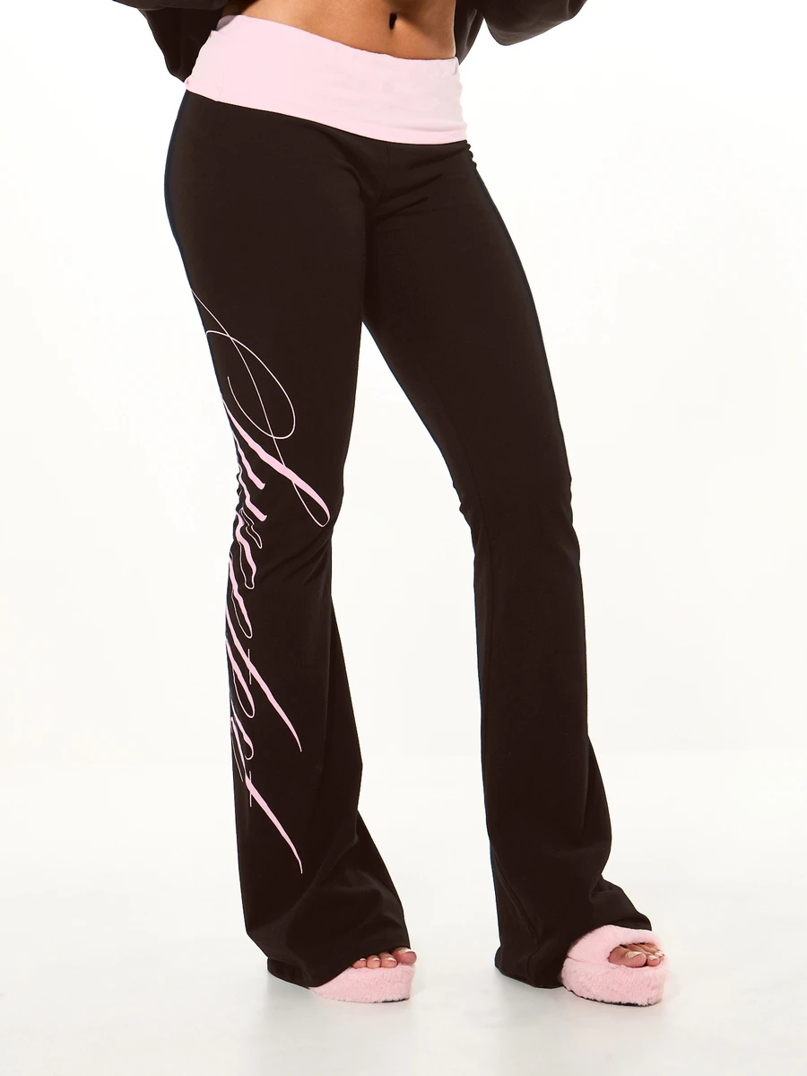 SUMWON WOMEN Fold Over Waistband Flare Leg Pants With Cursive Script Print Detail Low Rise Casual Lounge Bottoms - Brown - View 1