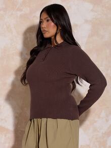 FASHION SZN Plus Size Striped Ribbed Knit Polo Sweater Curve Jumper Sporty Style Autumn Winter Fashion Rugby Top Fall Clothes For Women Everyday Casual Brown Jumper Sweater - Brown - View 6