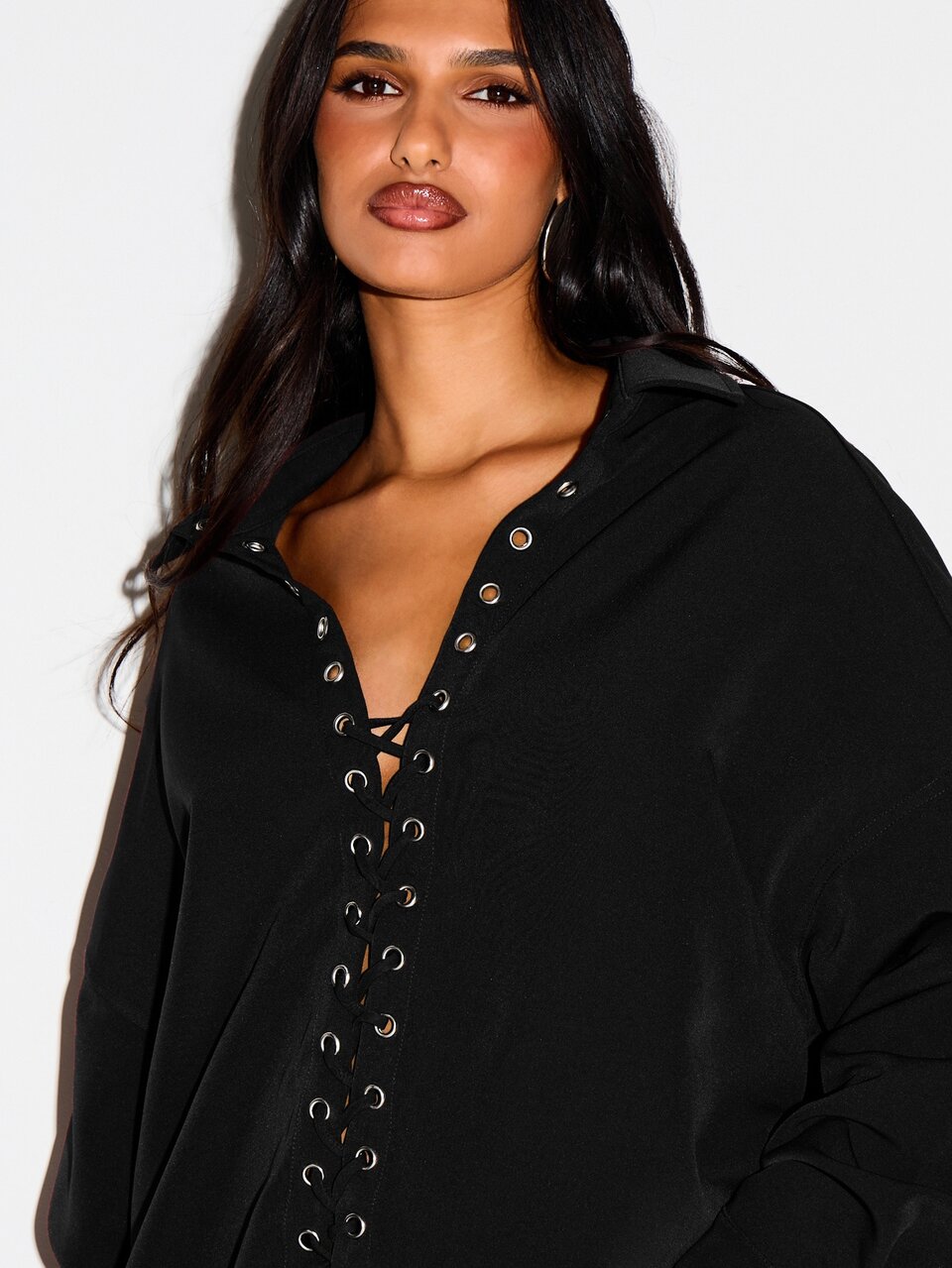 KIZN Oversized Lace-Up Eyelet Shirt With Deep V-Neck