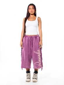 SUMWON WOMEN Wide Leg Cropped Sweatpants With Side Fringe Tassels, Script Logo Print, Elastic Drawstring Waist, Raw Hem, Acid Wash Finish - Pink - View 5
