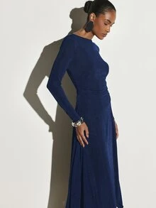 KSTM Glitter Knit Boat Neck Long Sleeve Ruched Waist Asymmetric Handkerchief Hem Midaxi Dress Holiday Party Evening Gala - Royal Blue - View 3