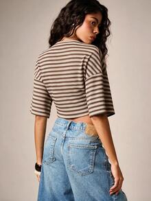 AiiRZ Ribbed Striped Crop Top With Round Neck And Half Sleeves - Casual Everyday Summer Spring Cropped Tee - Mocha Brown - View 2
