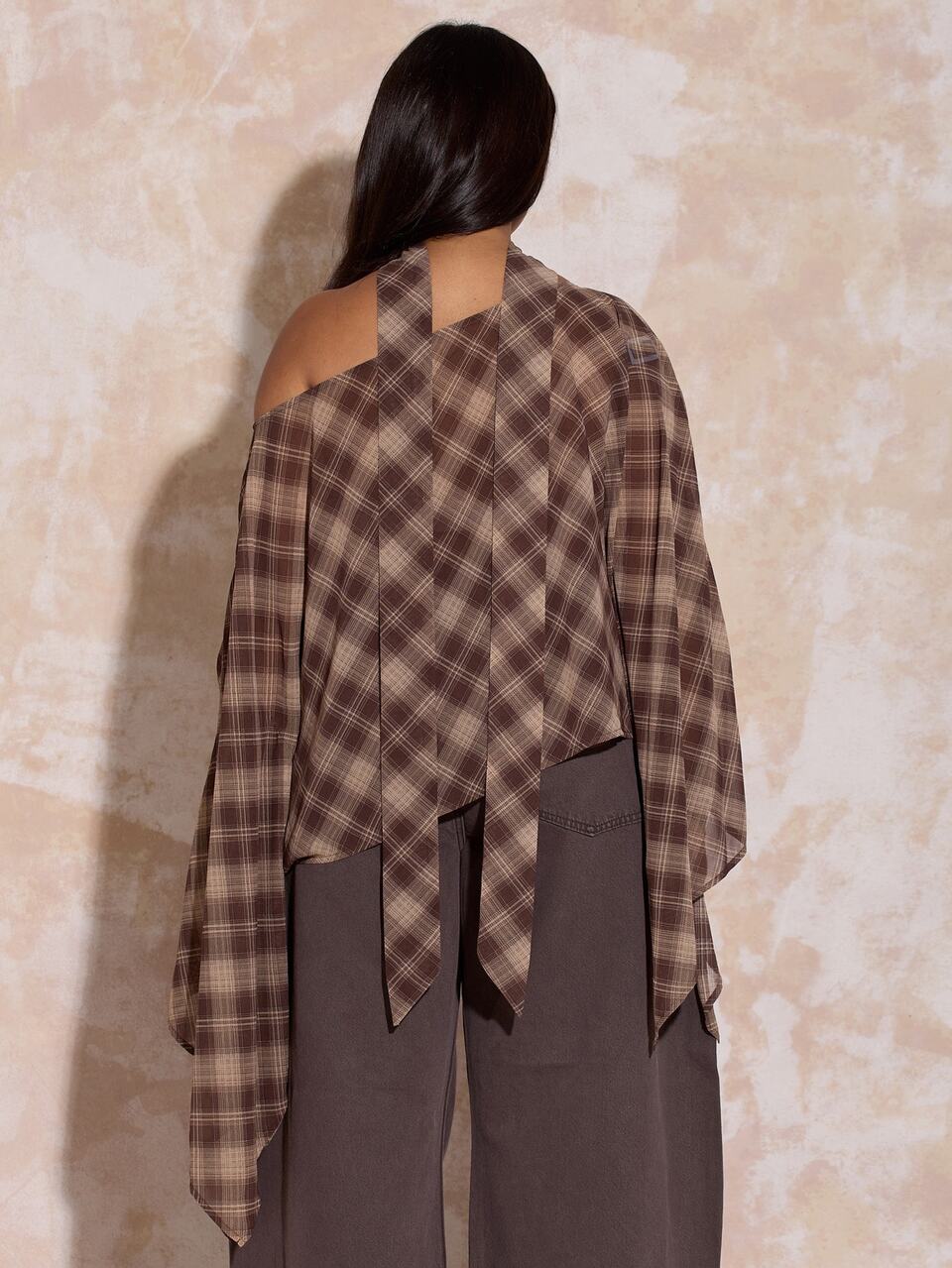 Plus Size Check Cape Chiffon Fall Blouse Neck Scarf Plus Size Elegant Chic City Office Wear To Work Date Night Brunch Loose Fit Elegant Chic Brown Check Chiffon Woven Classy Fall Outfit Ideas Trending Autumn Winter Printed Shirt Blouse Lightweight Essential Wardrobe