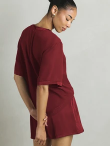 KSTM Satin Pleated High-Waist Mini Shorts With Tie Belt Detail - Elegant Holiday Party Tailored Short Bottoms - Burgundy - View 2
