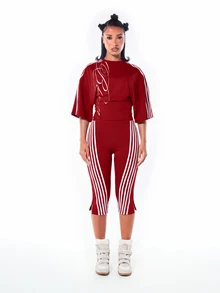 SUMWON WOMEN Oversized Crop Top With Batwing Sleeves Script Print Crew Neck Side Stripe Ruched Hem Casual Statement Style - Red - View 3