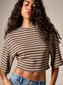 AiiRZ Ribbed Striped Crop Top With Round Neck And Half Sleeves - Casual Everyday Summer Spring Cropped Tee - Mocha Brown - View 3