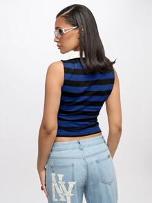 SUMWON WOMEN Striped Sleeveless Polo Crop Top With Contrast Collar And Button Placket For Spring Casual Everyday Wear - Navy Blue - View 2