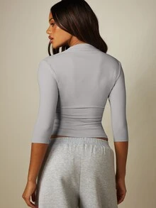 MISSGUIDED Wrap Front Cropped Top With Three Quarter Sleeves Ruched Detail V Neckline Fitted Stretch Jersey Casual Everyday Style - Grey - View 2