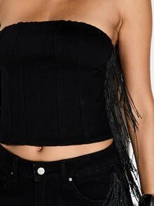 KIZN Strapless Denim Corset Crop Top With Long Side Fringe Detail Back Zip Closure Structured Boning Panels Festival Party Night Out Summer - Black - View 2