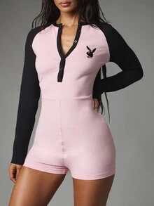 Missguided x Playboy Jumpsuit Lengan Panjang Pendek dengan Logo Kelinci, Kerah V, Kancing Plaket, Lengan Raglan Kontras, Romper Blok Warna - MultiWarna - View 5