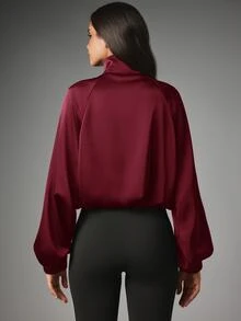 MISSGUIDED Satin Bomber Jacket With Mandarin Collar Zip Front Frog Closure Raglan Sleeves And Elasticated Cuffs Chinese Inspired Luxe Top - Burgundy - View 6