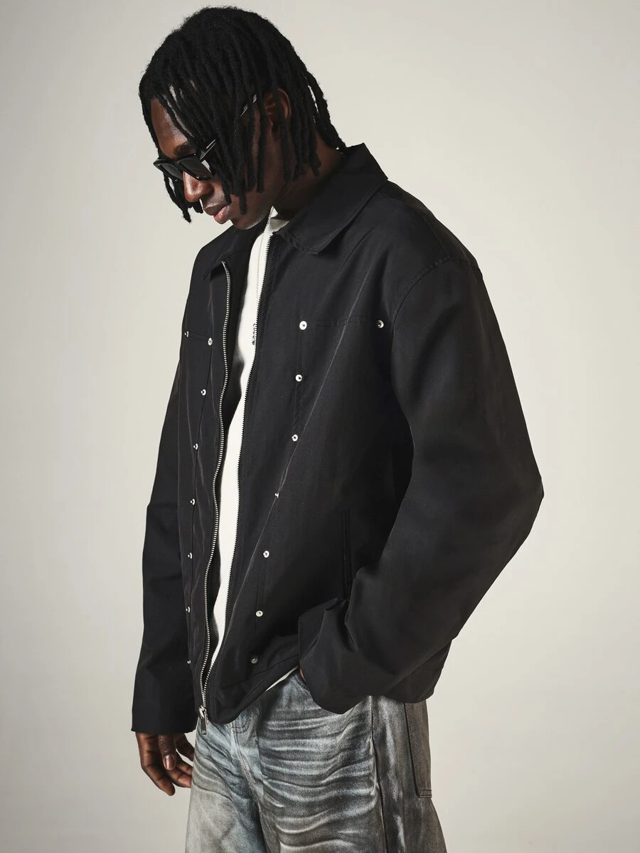 SUMWON Oversized Snap Button Zip-Up Jacket With Point Collar Chest Pockets Long Sleeve Hip Length Outerwear For Fall Winter - Black - View 1