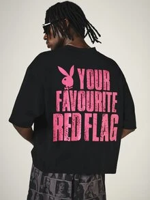PLAYBOY X SUMWON Crop Fit Oversized Black Graphic T-Shirt With Crew Neck Short Sleeve And Your Favourite Red Flag Slogan Back Print - Black - View 1