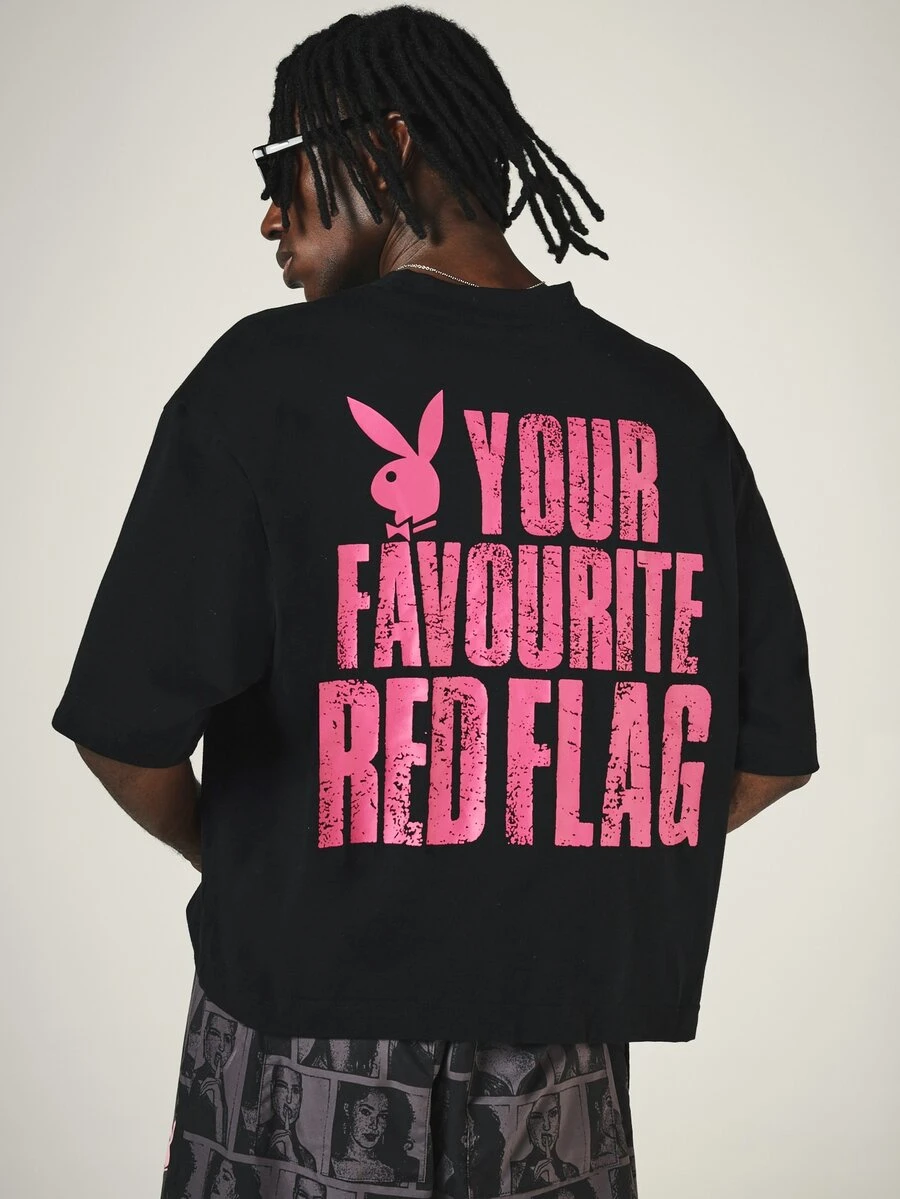 PLAYBOY X SUMWON Crop Fit Oversized Black Graphic T-Shirt With Crew Neck Short Sleeve And Your Favourite Red Flag Slogan Back Print - Black - View 1