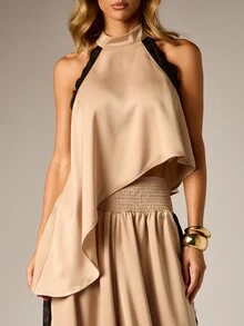 AiiRZ Blus Satin Leher Halter dengan Hiasan Renda Hitam, Potongan Hem Tinggi-Rendah, dan Detail Lubang di Bagian Belakang, Atasan Pesta Malam - Khaki - View 4