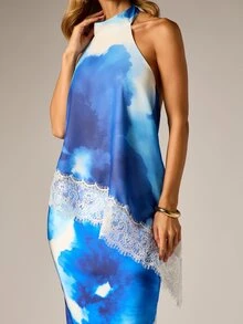 AiiRZ Watercolor Print Halter Neck Open Back Maxi Dress With Lace Trim Detail Summer Wedding Guest Vacation Dress - Multicolor - View 5