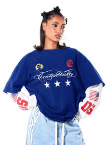 SUMWON WOMEN Oversized Graphic T-Shirt With Central Valley Script Print Stars Sheild Emblem And Layered Long Sleeve Detail Drop Shoulder Casual Tee - Navy Blue - View 1