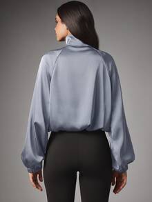 MISSGUIDED Satin Zip-Up Bomber Jacket With Chinese Frog Closure Buttons High Neck Raglan Sleeves Elasticated Cuffs - Light Grey - View 6