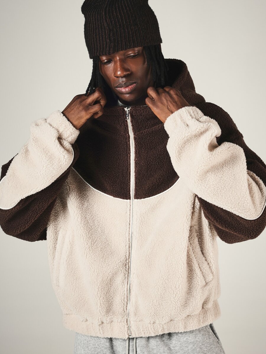 SUMWON Oversized Full Zip Sherpa Fleece Hoodie Color Block Two Tone Fluffy Teddy Jacket Winter Cozy Outerwear - Multicolor - View 1