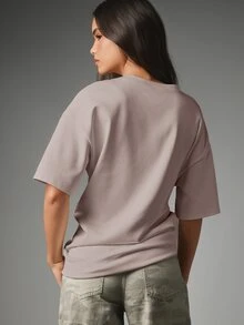 MISSGUIDED Oversized Boxy T-Shirt With Pearl Button Ruched Hem Detail Drop Shoulder Elbow Length Sleeves Casual Everyday Top - Camel - View 2
