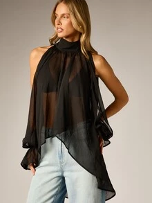 AiiRZ Blus Chiffon Transparan Leher Halter dengan Tali Belakang, Lengan Lonceng, Hem Tinggi Rendah, Atasan Berdraper yang Mengalir, Cocok untuk Acara Malam Musim Panas - Hitam - View 1