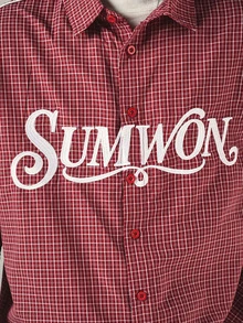 SUMWON Oversized Checked Short Sleeve Button-Up Shirt With Contrast Piping And Bold Logo Print For Summer Casual Streetwear - Red - View 6