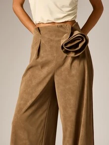 AiiRZ Faux Suede High Rise Palazzo Wide Leg Pants With Rosette Flower Detail Elegant Full Length Pleated Trousers For Fall Winter - Brown - View 4