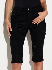 KIZN Sequin Embellished High Rise Bermuda Shorts With Side Pockets Raw Hem Knee Length Party Holiday Occasion - Black - View 5