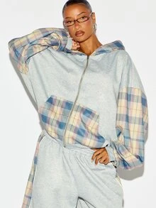 SUMWON WOMEN Áo khoác hoodie nỉ lông dáng boxy oversize kéo khóa toàn thân, phối mảng tương phản họa tiết kẻ caro, tay dài, phong cách thường ngày, mặc nhà và streetwear cho mùa thu đông - Nhiều màu - Xem 4