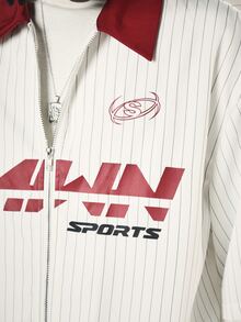 SUMWON Boxy Fit Sports Pinstripe Zip-Up Oversized Short Sleeve Shirt With Contrast Red Collar And Bold Front Logo Print - Multicolor - View 5